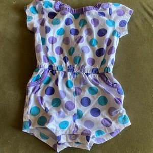 6-9M white romper with purple and blue polka dots